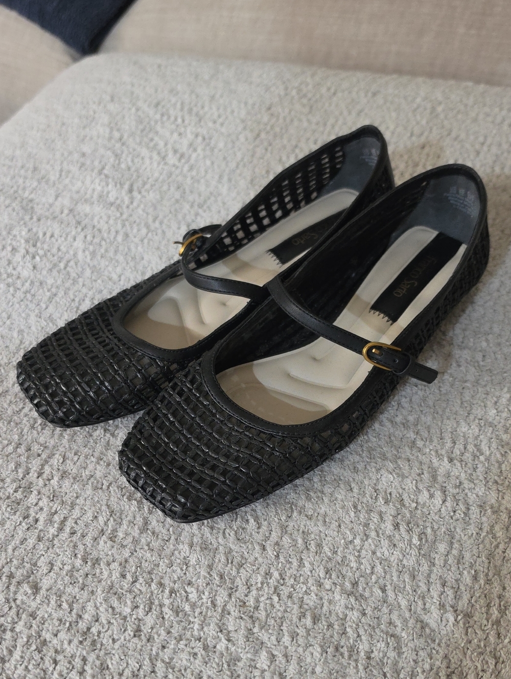 Franco Sarto Black Woven Mary Jane Flats with Gold Buckle